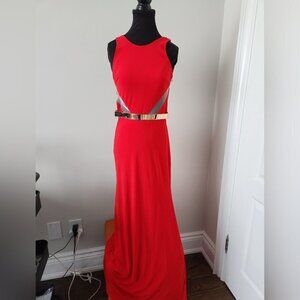 XSCAPE | gown dress maxi red golden metal belt sz 4